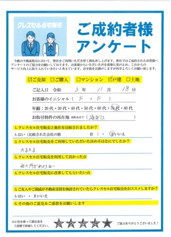 大阪市福島区海老江の戸建をご売却のアンケート