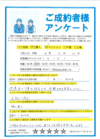 大阪市此花区西九条のマンションをご購入のアンケート
