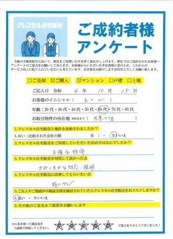 大阪市西区九条のマンションをご購入のアンケート
