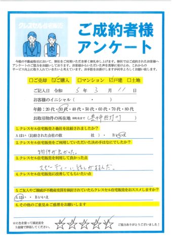 豊中市熊野町の戸建をご購入のアンケート