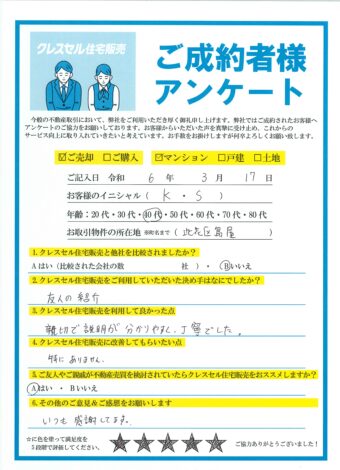 大阪市此花区島屋のマンションをご売却のアンケート
