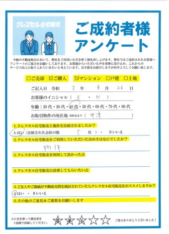 大阪市北区中津のマンションをご購入のアンケート